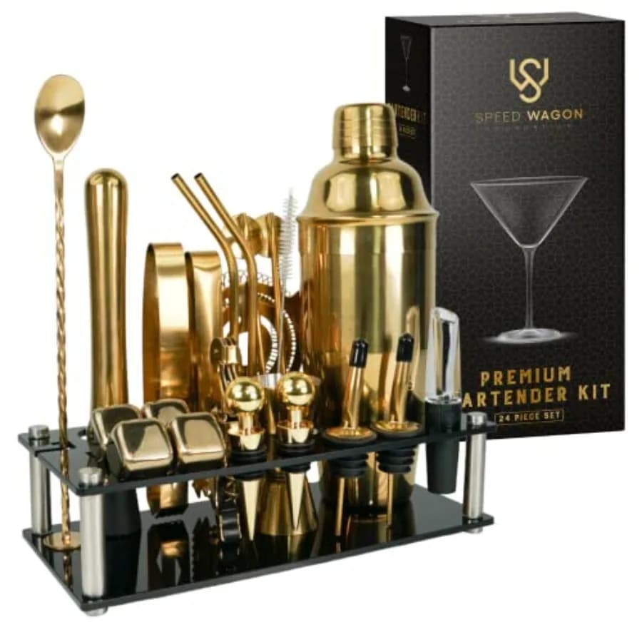 Set da Barman per Mixology 24 Pezzi con Supporto, Accessori Essenziali per Bar Domestico, Shaker per Martini, Jigger, Muddler, Contenitore per Raffreddare