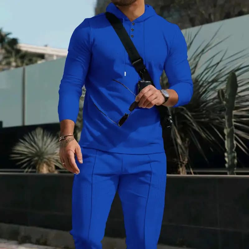 Men's Casual Outdoor Hooded Long Sleeve Long Pants Set Pure Color T-Shirt Four Seasons Wear Comfortable Breathable Clothing
