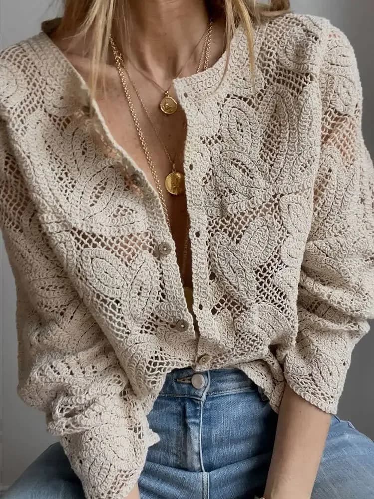 Camicie da donna in maglia all'uncinetto Camicette a maniche lunghe in pizzo ricamato abbottonato Top Cardigan a punto aperto Boho Primavera Estate 2026