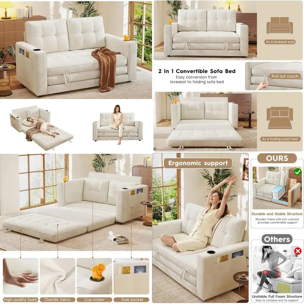 Divano letto pieghevole convertibile, sedile letto per piccoli spazi con portabicchieri e cuscino, ideale per soggiorni compatti e ospiti