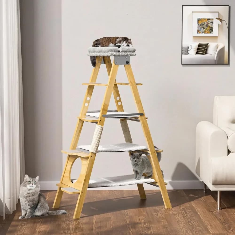 Albero per Gatti Pieghevole Moderno con Amaca e Palo in Sisal, Torre in Legno Massello per Gatti Grandi, Facile da Pulire, 152 cm di Altezza