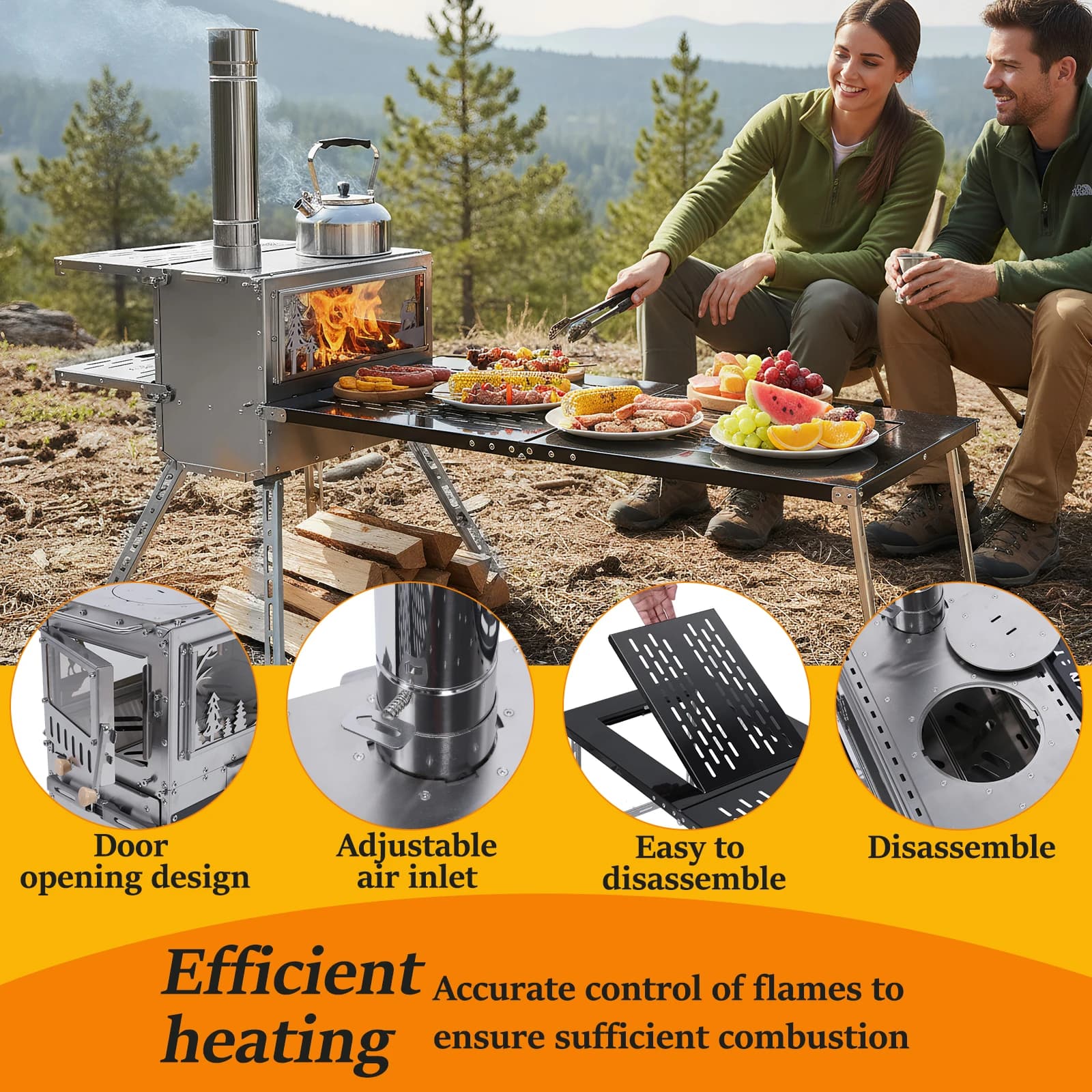 Stufa da Campeggio con Forno e Tavolo da Campeggio con Tubo per Canna Fumaria in Acciaio Inox per Cucinare, Escursionismo, Pesca, Backpacking