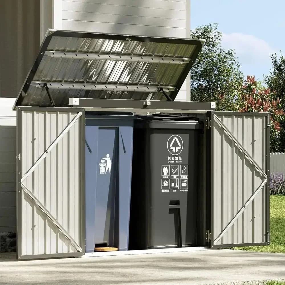 Enhanced Metal Outdoor Storage Shed with Chain Lid for Trash Cans, Ideal for 2 Bins, Generator, and Garden Tools (Black)
