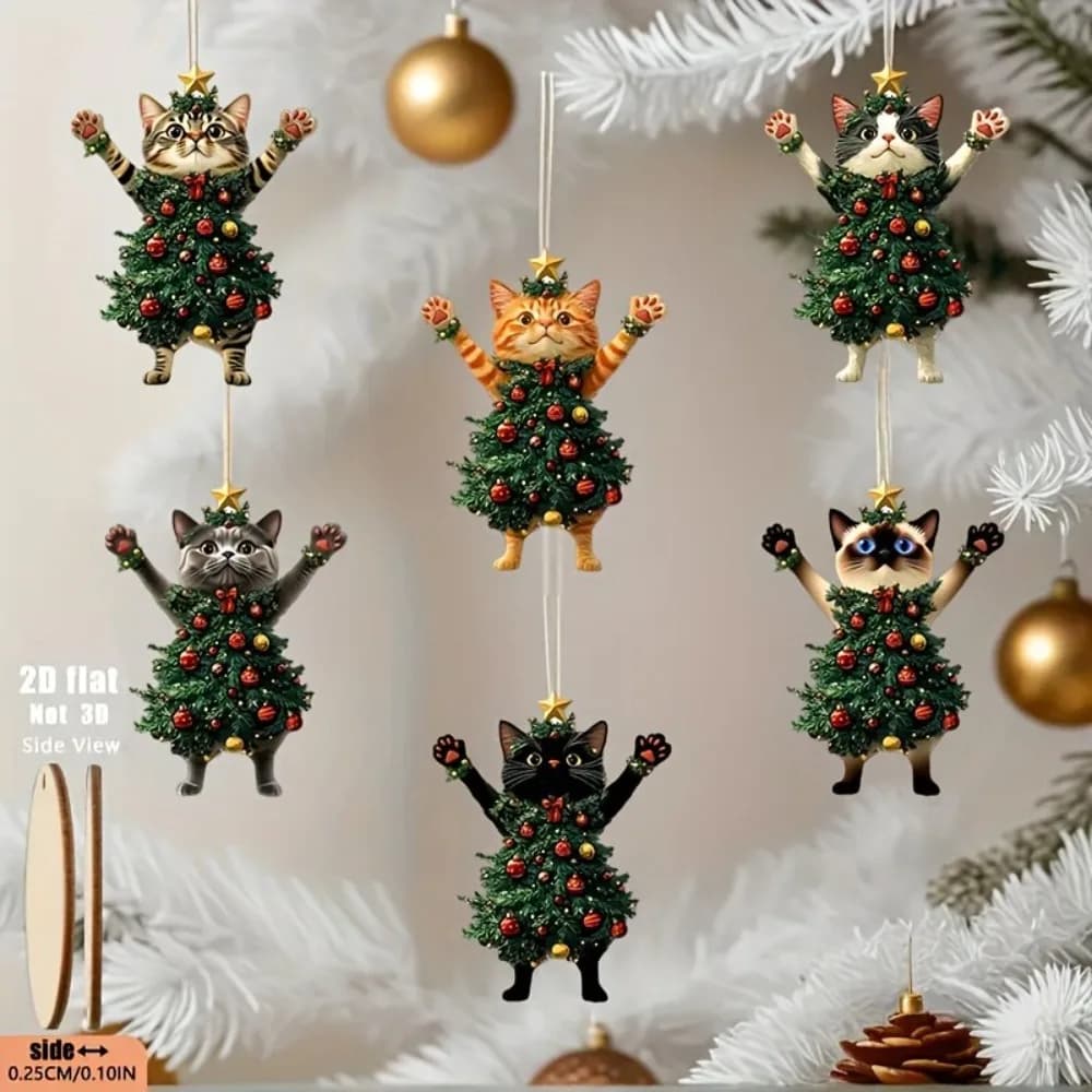 Christmas Cat Ornaments 2D Wooden Cute Xmas Tree Cat Hanging Decorations Holiday Party Home Window Christmas Tree Pendant Gifts