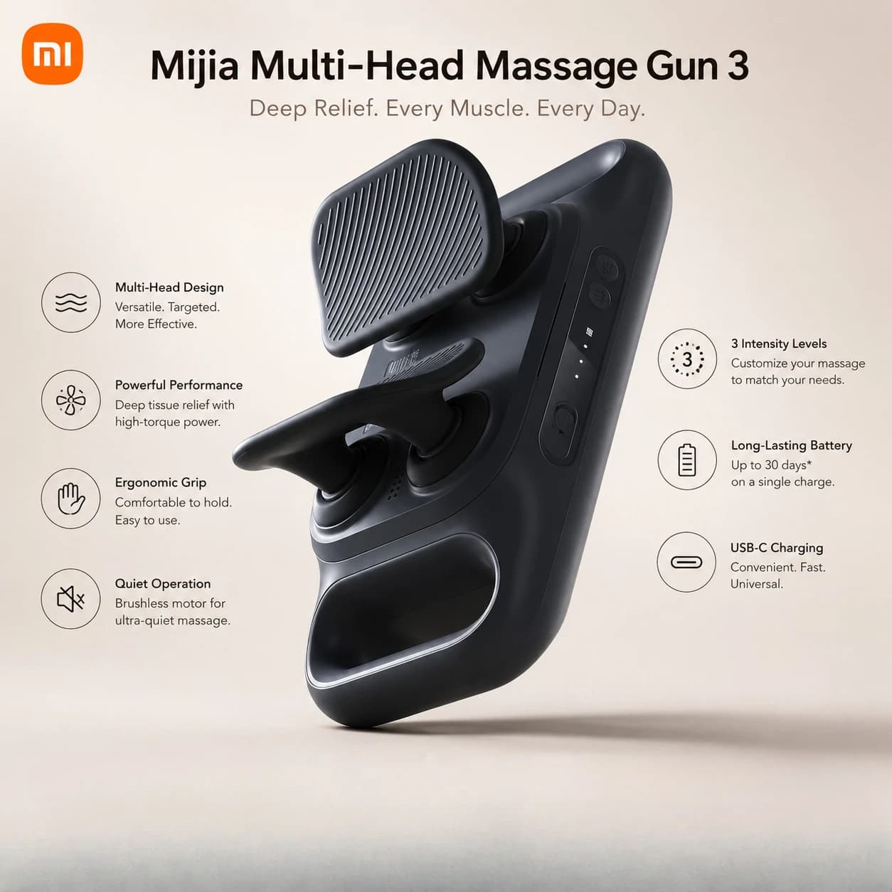 Xiaomi Multi-Head Massage Gun 3 25kg Thrust Dual-Axis Brushless Motor Massager Heads 4mm Deep Tissue Massager for Leg and Back