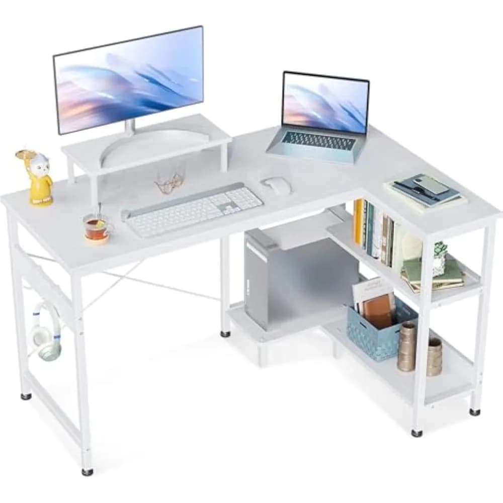 Scrivania per computer piccola a forma di L da 47 pollici con ripiani reversibili, scrivania angolare a forma di L con supporto per monitor per piccoli spazi,