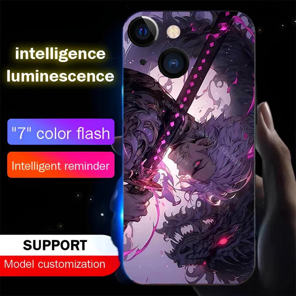 Popular Japan Anime Smart LED Light Glow Tempered Glass Phone Case For iPhone Air 17 16 E 15 14 13 12 11 Pro Max Plus