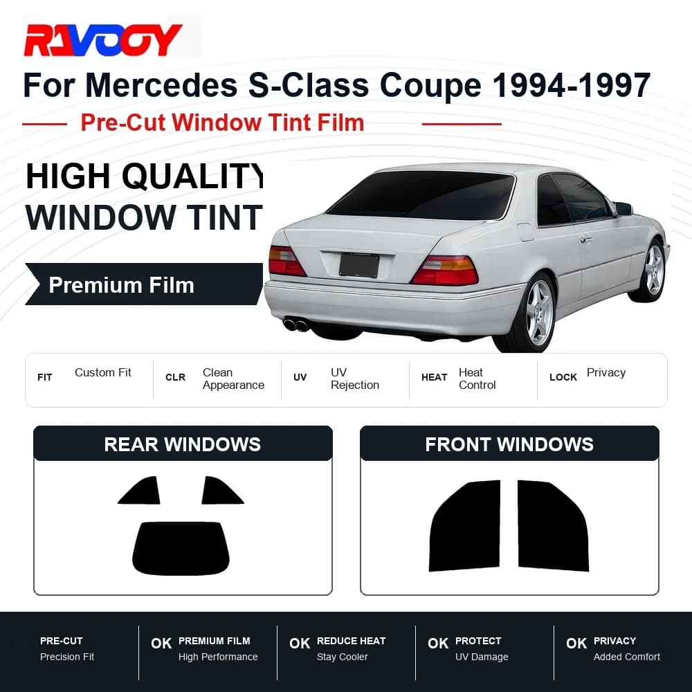 RAVOOY Precut Window Tint, Reusable Removable EPU Film, Custom Fit for Mercedes S Class Coupe 500 1994-1997, UV Heat Protection