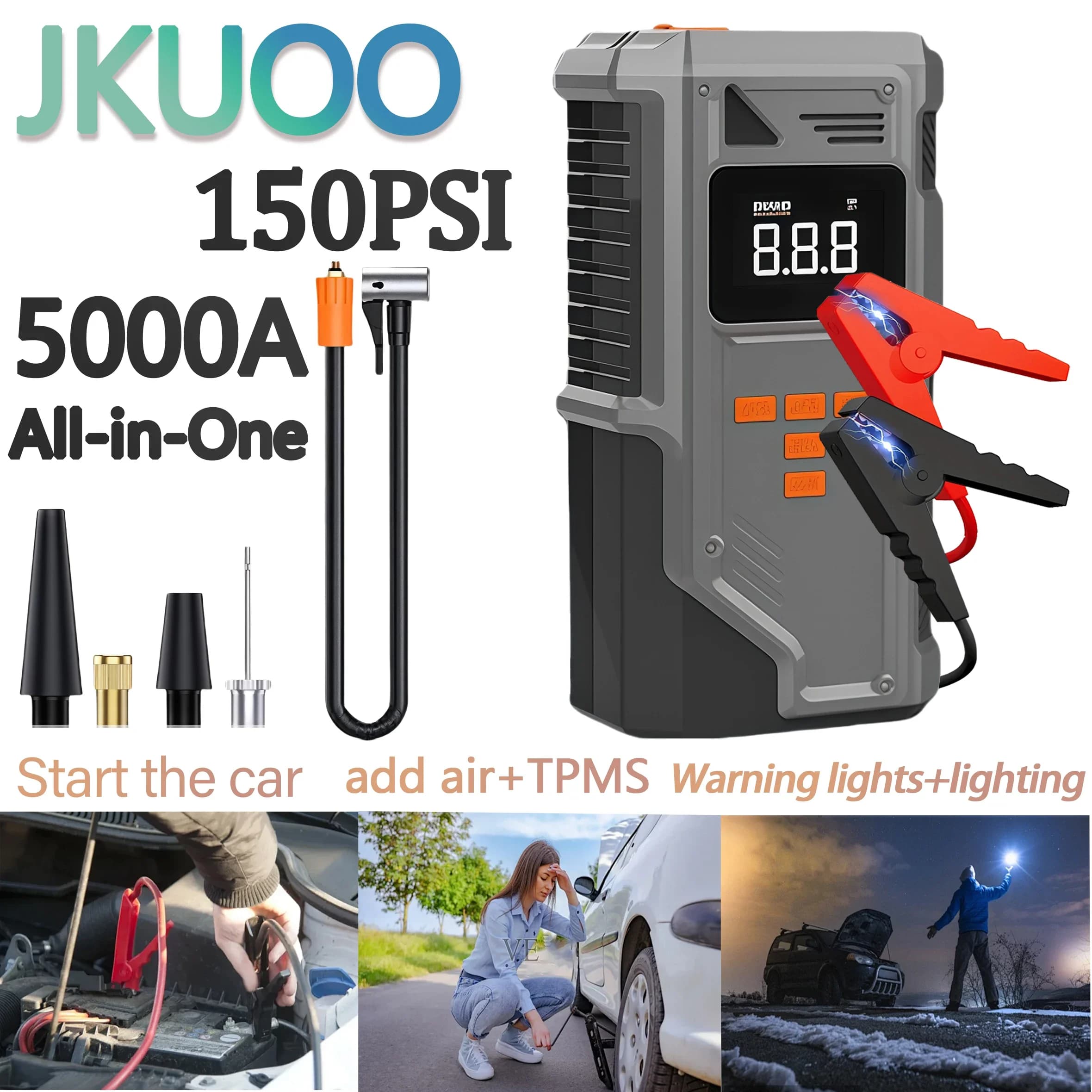JKUOO Avviatore di emergenza per auto e gonfiatore d'aria 10,2 Bar Rempimento rapido -40 ° C Batteria al piombo da 12 V per lavoro a bassa temperatura con monitoraggio dei pneumatici