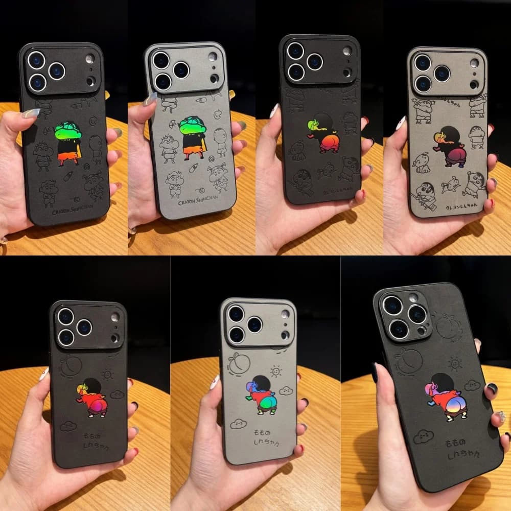 Cute Crayon Shin-chan Leaser Phone Case For iPhone 15 14 13 12 11 16 17 Pro Max Plus Air 17Pro Shianchan Emboss Leather Cover