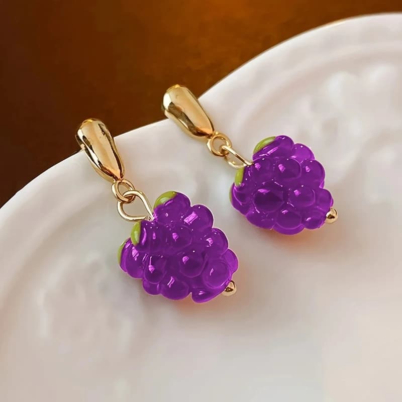 Women's Pendant Earrings with Artificial Fruit in Raspberry Shape in Resin and Crystal, Hook Earrings with Nappa, Party Jewelry and Appointments, Gift Idea