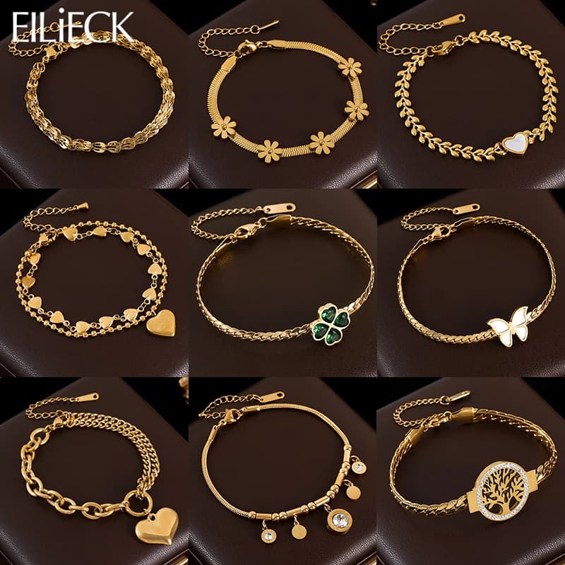 GANEMLY 316L Stainless Steel Butterfly Tree Clover Zircon Charm Bracelet For Women Fashion Trendy Wrist Chain Jewelry Gift Party