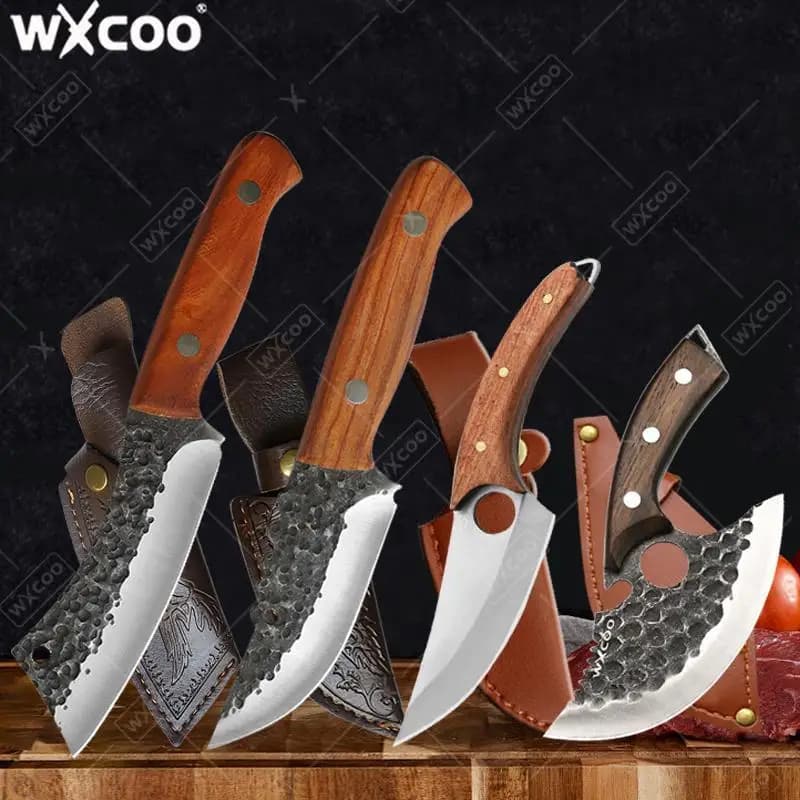 Coltello da Macellaio Forgiato a Mano WXCOO, Set di Coltelli da Cucina, Mannaia per Carne, Coltello per Frutta, Apribottiglie con Fodero, 1~4 Pezzi