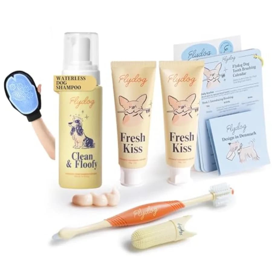 Kit per la toelettatura e la cura dentale del cane: Set di dentifricio e spazzolino per cani + Schiuma shampoo a secco senza acqua con guanto per la toelettatura e controllo degli odori