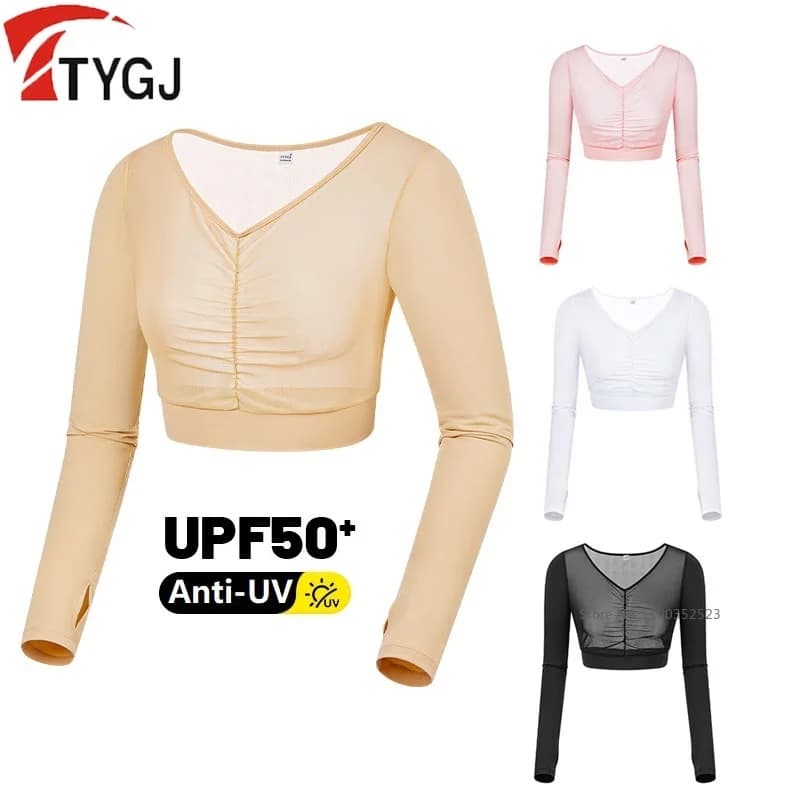 TTYGJ Maglietta da Golf Donna a Maniche Lunghe con Scollo a V in Seta Ghiacciata Rinfrescante, Protezione Solare, Top Corto Sottile, Maglia Base Delicata sulla Pelle