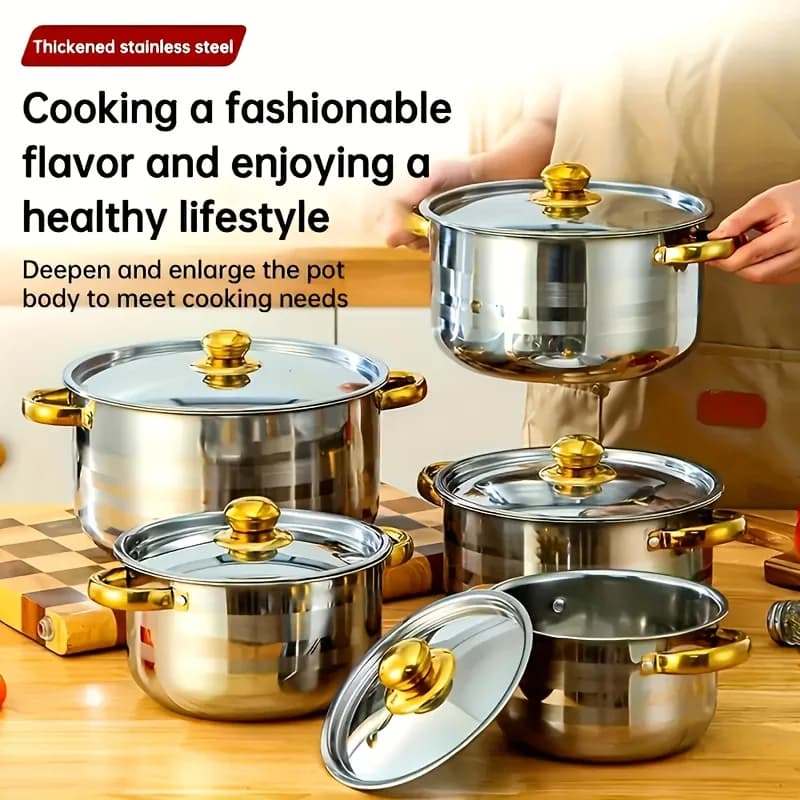 Classic Cookware Set Stainless Steel Pots And Pans Set Pots for Cooking, Non-stick Cookware Set, Frying Pan And Pot with Glass Lid, Cookware Set Kitchen Cooking Set with Golden Handle, Heat Resistant Easy to Frying Pan Skillet for All Cooktop, Orange