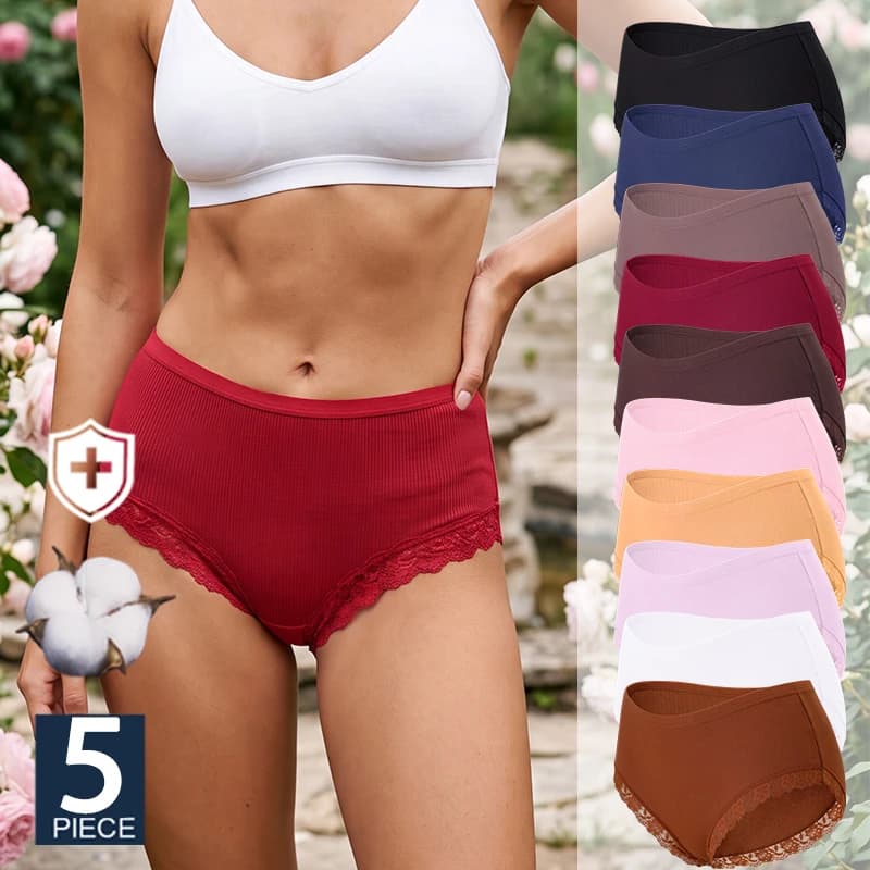 FINETOO 5Pcs/Set Women Cotton Panties Mid‑Rise Ribbed Briefs Floral Lace Trim Underwear Soft Elastic Breathable Ladys Underpants