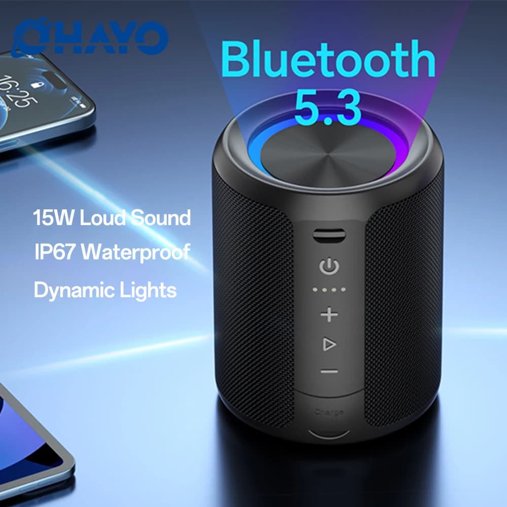 Altoparlante Bluetooth OHAYO senza fili, altoparlante portatile IP67 impermeabile e antipolvere con luci, audio stereo potente da 15 W, batteria da 2600 mAh