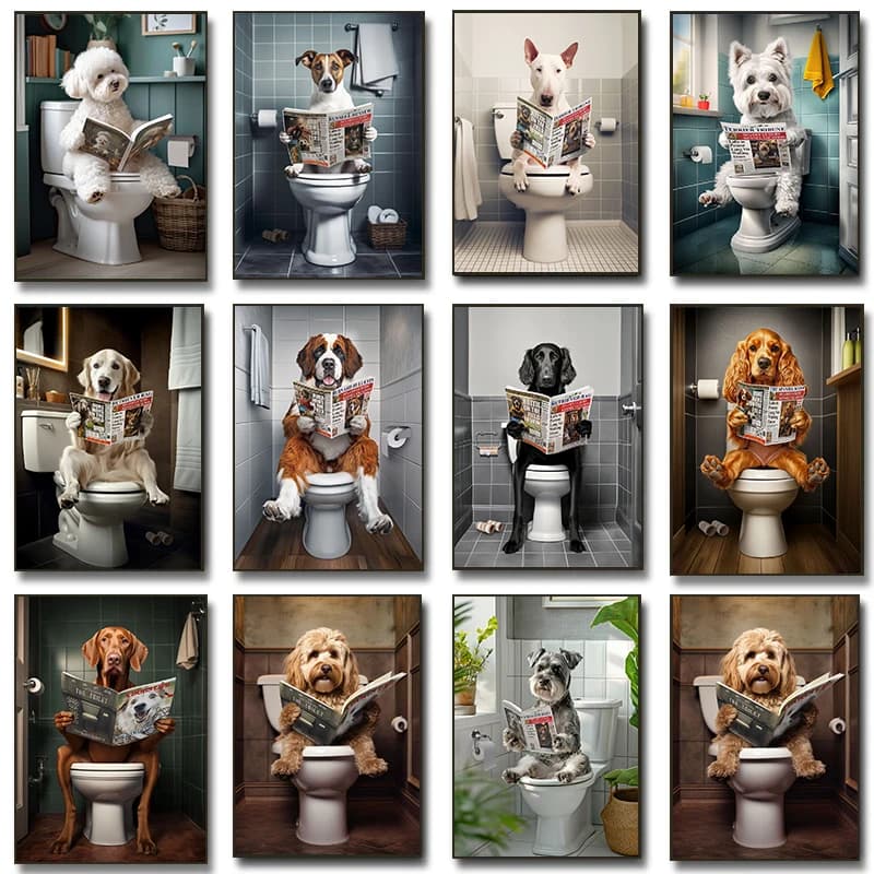 (1PC Unframe)Funny Bathroom Poster Dog Reading Newspaper On Toilet Prints Pet Owner Gift Canvas Painting Wall Art Picture Home B