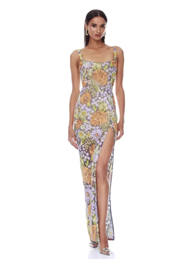 Abito lungo da donna sexy con spalline sottili, paillettes scintillanti, ricami floreali e spacco, senza maniche, per serate ed eventi.