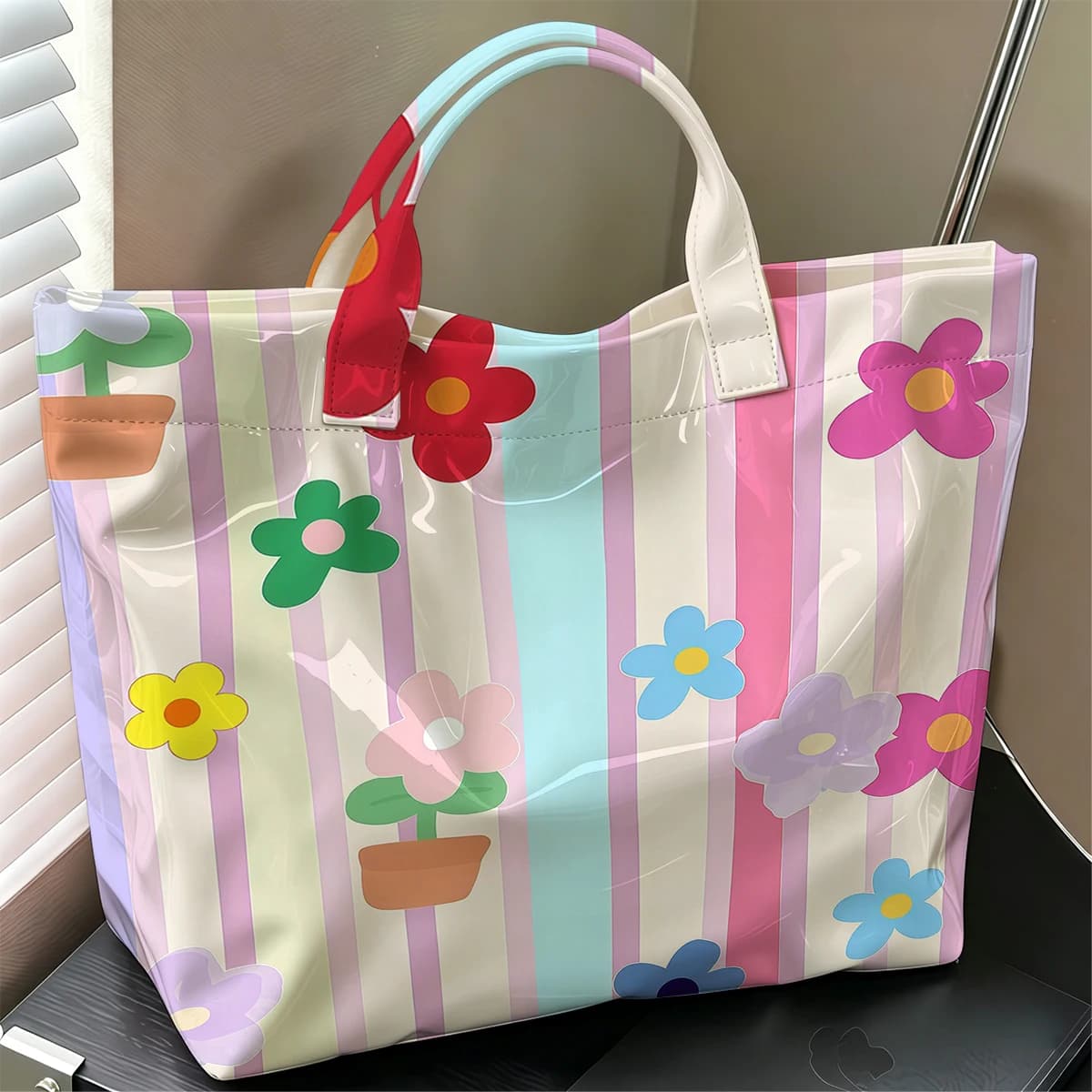 Stripe Flower Stylish Large Glossy PVC Tote Bag Washable Waterproof Durable Ideal for Travel Commute Cosmetics Books Handbags