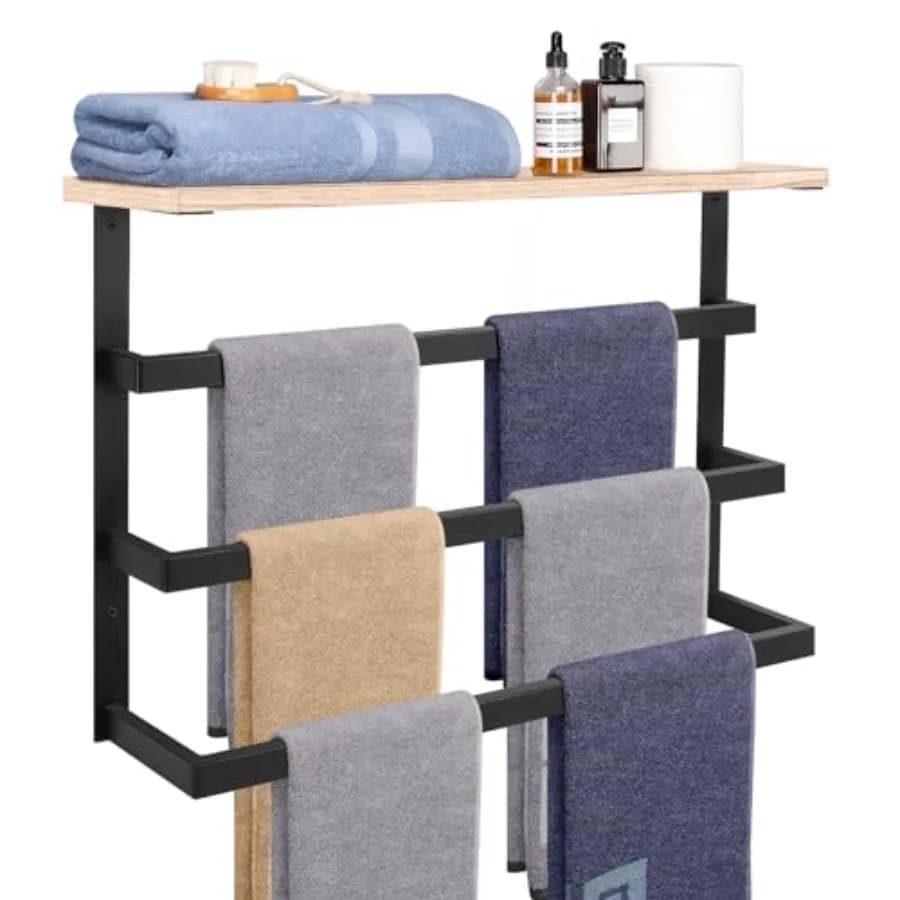 Hangg Towel Rack for Bathroom, Thicken Metal Towel Holder with Wood Shelf, 3-Tier Towel Bar Storage, Wall Mounted Towel Hangers