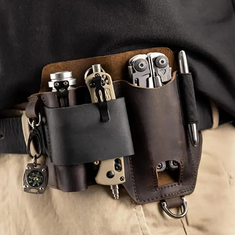 Fodero per organizer EDC in pelle da uomo Fodero per cintura EDC Organizer Tasca multiuso in pelle con portapenne per torcia elettrica