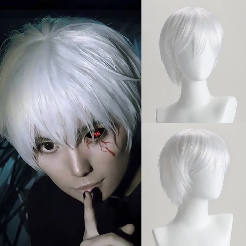 10 Inch Pure White Short Curly Synthetic Wig Anime Hatter for Cosplay Halloween Costume Party