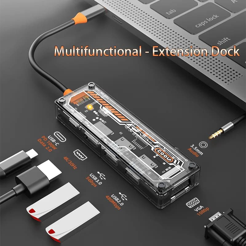 6-in-1 USB C Hub for MacBook Pro/Air Type-C to HDMI USB 3.0 USB 2.0 VGA PD 3.0 3.5mm Audio Docking Station