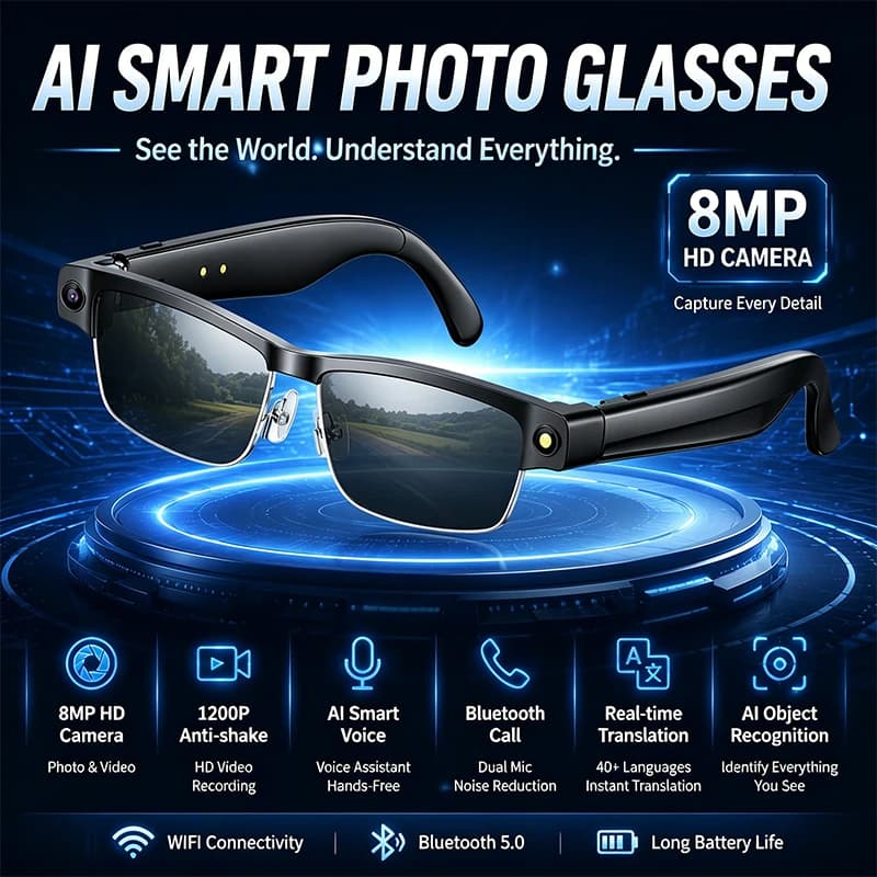 2026 New 800W Camera Smart Glasses AI Voice Assistant 1200P Anti-shake HD Video WIFI Bluetooth Transmission Phone Smart Glasses
