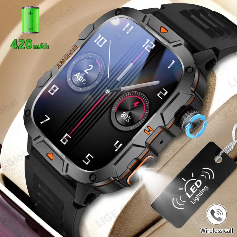 Smartwatch Militare Robusto LIGE con Torcia, Batteria 420mAh, Impermeabile, per Sport e Fitness, Monitoraggio Frequenza Cardiaca e Pressione Sanguigna, Chiamate Vocali AI