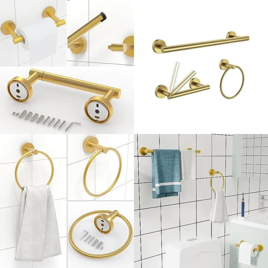 3pc Bathroom Hardware Set with Brushed Brass Toilet Paper Holder and Towel Ring and Towel Bar SUS304 Stainless Steel Toilet Pap