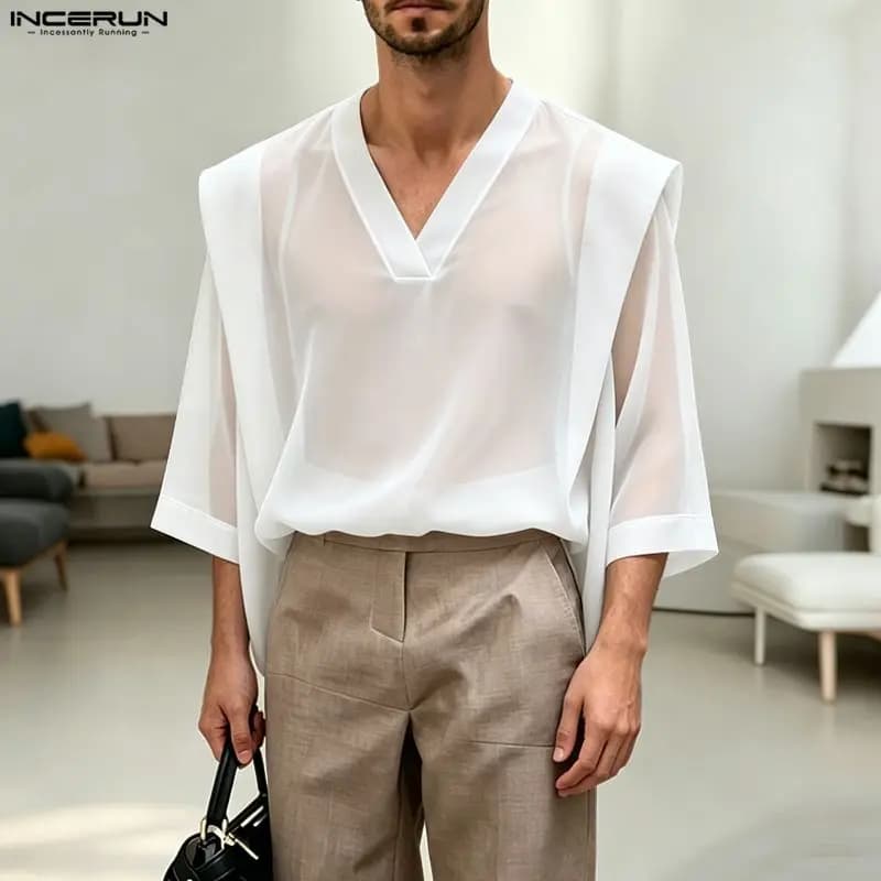 INCERUN Men's T Shirt Solid Color See Through V Neck Half Sleeve Tee Tops For Man Camisetas Streetwear Sexy Fashion Men Clothes