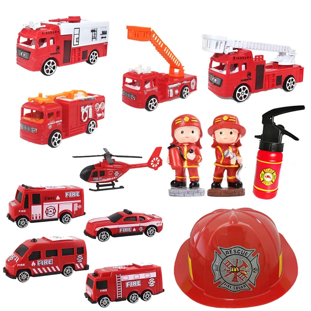 Bomboniere per vigili del fuoco Mini camion dei pompieri Giocattolo Ragazzi Caschi Cappelli Fuoco Mini Estintore per vigili del fuoco Figura Camion dei pompieri Decorazioni di compleanno
