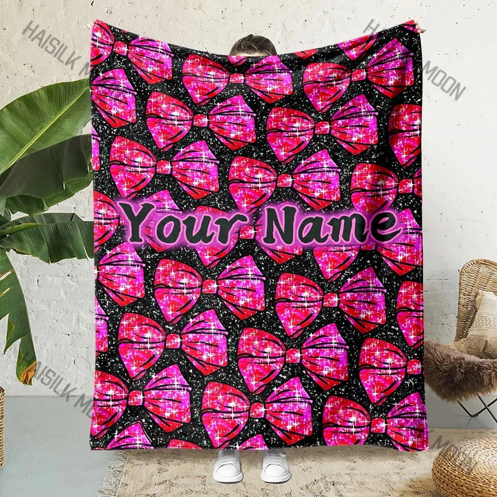 Nome personalizzato Coperta personalizzata Stampa fiocco rosa lucido Soffice morbida flanella Divano Coperta per adulti Coperta per pausa pranzo in ufficio per regalo
