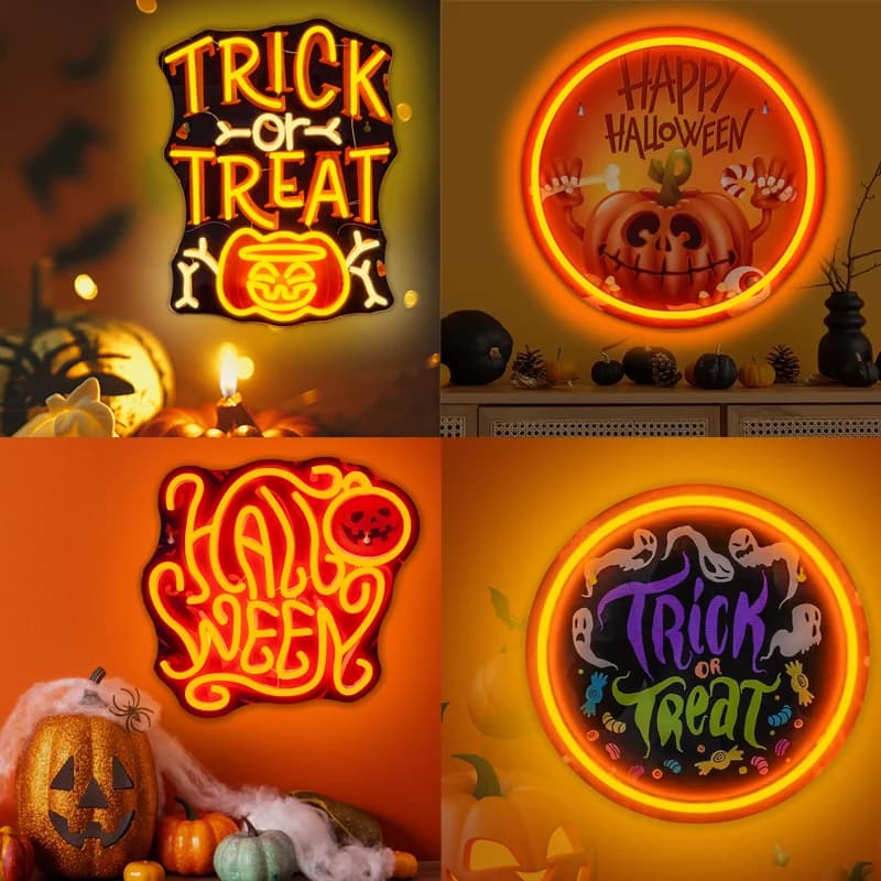 Halloween Dolcetto o scherzetto Zucca Insegna al neon Stampa UV Cartello alimentato tramite USB Decorazione da appendere a parete per cucina Bar Camera da letto Festa di Halloween