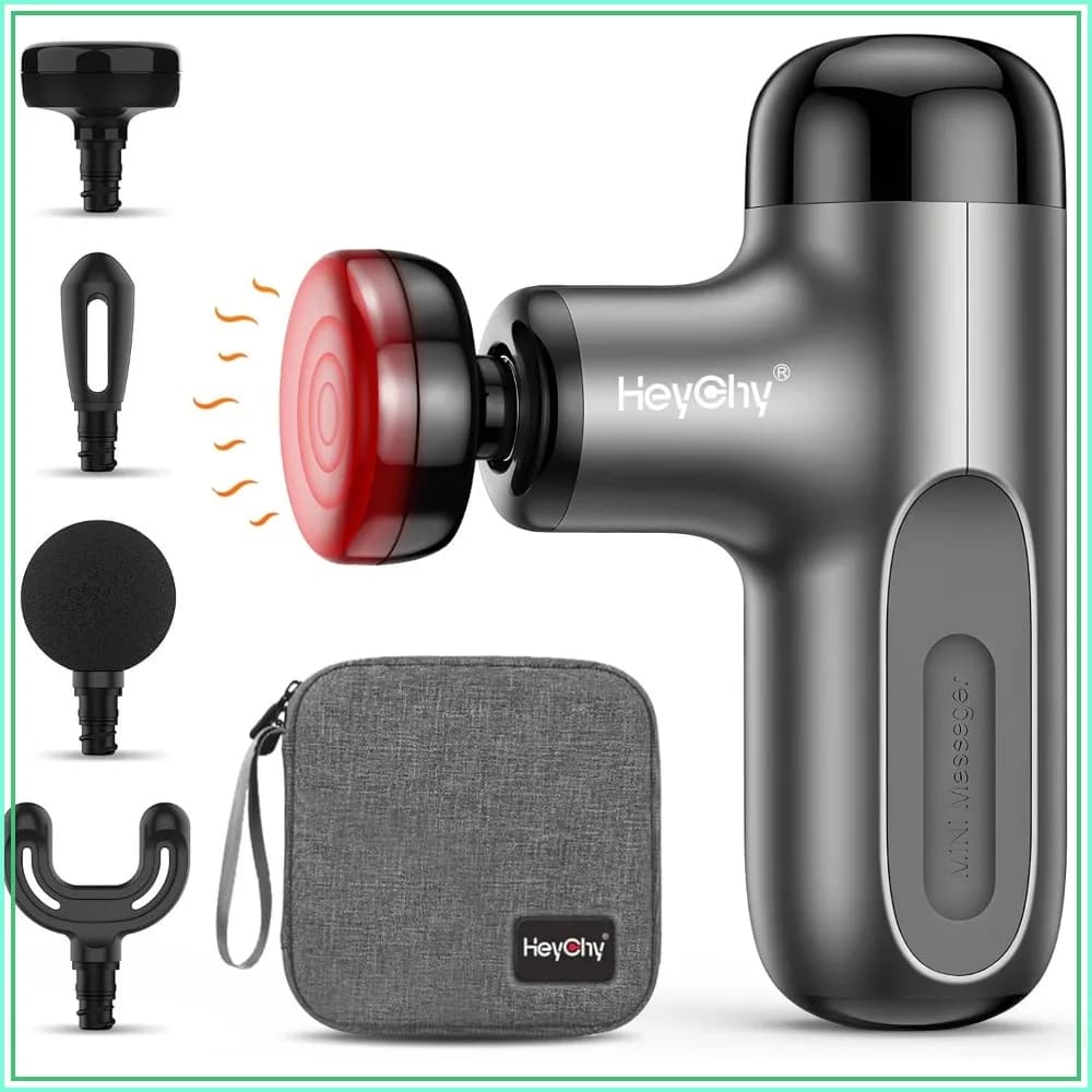 Mini Massage Gun with Heat, Deep Tissue Percussion Muscle Massager, Portable 4 Heads for Athletes