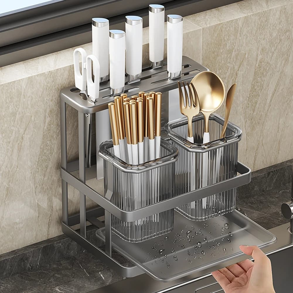 Organizzatore da Parete per Utensili da Cucina, Porta Coltelli, Cucchiai, Forchette e Bacchette con Scolapiatti, Senza Foratura, NUOVO