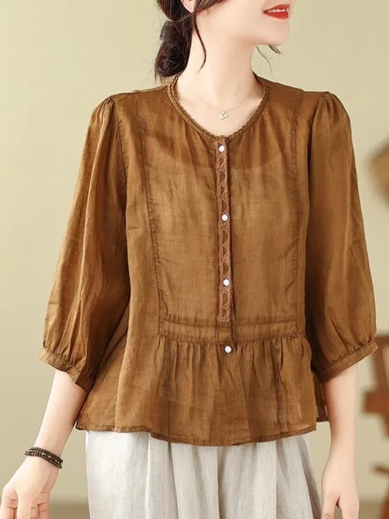 Nuova Camicetta Estiva Sottile Ricamata con Design in Vita, Stile Bambola, per Donne Curvy, Girocollo, Manica a Tre Quarti, Abbottonata, Casual