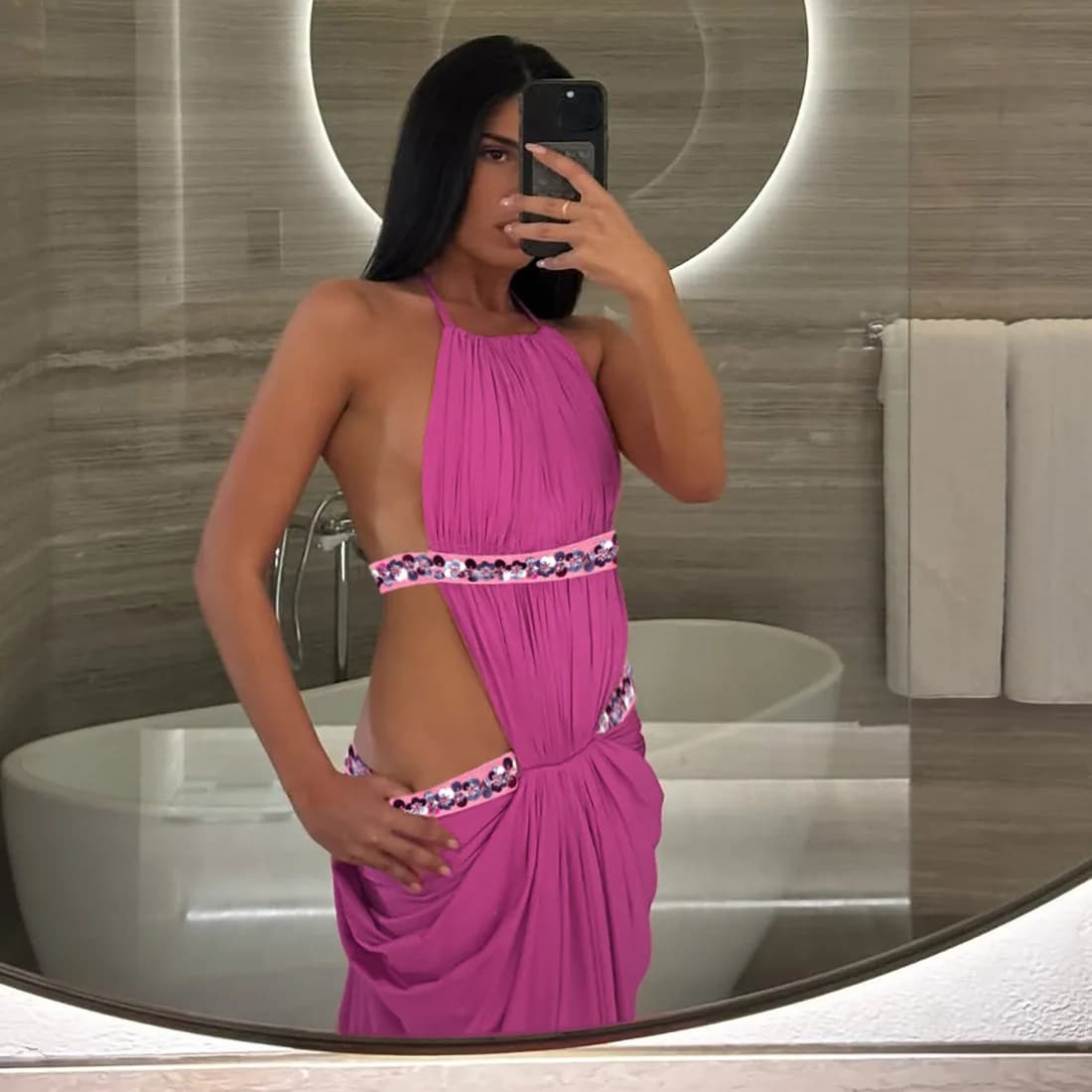 Abito lungo da donna con paillettes, arricciature e lacci, scollo all'americana, senza schienale, sexy, con spacco, linea ad A, per vacanze, spiaggia, feste di compleanno, abito da sera