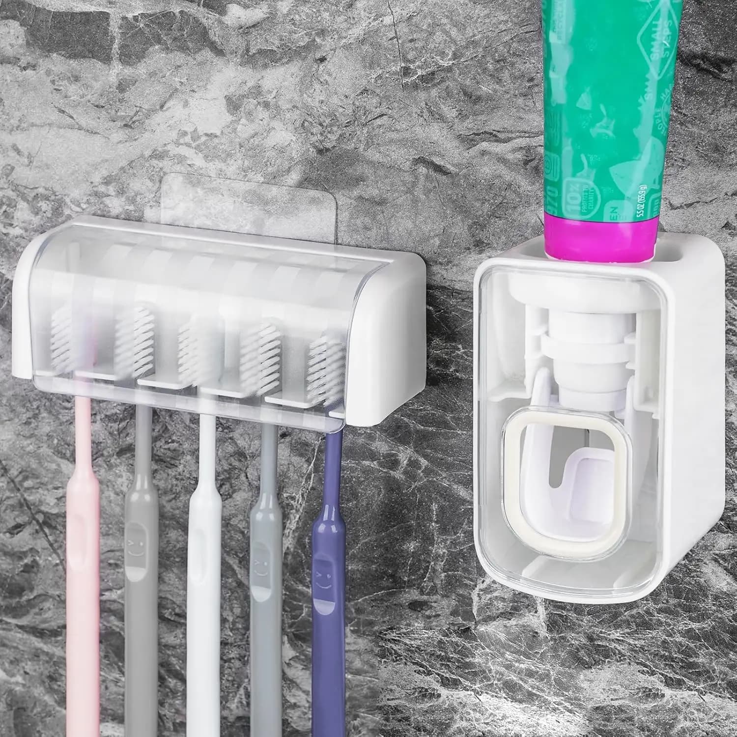 Portaspazzolini da Parete a 5 Scomparti con Coperchio, Organizzatore Autoadesivo per Doccia, Dispenser Automatico di Dentifricio
