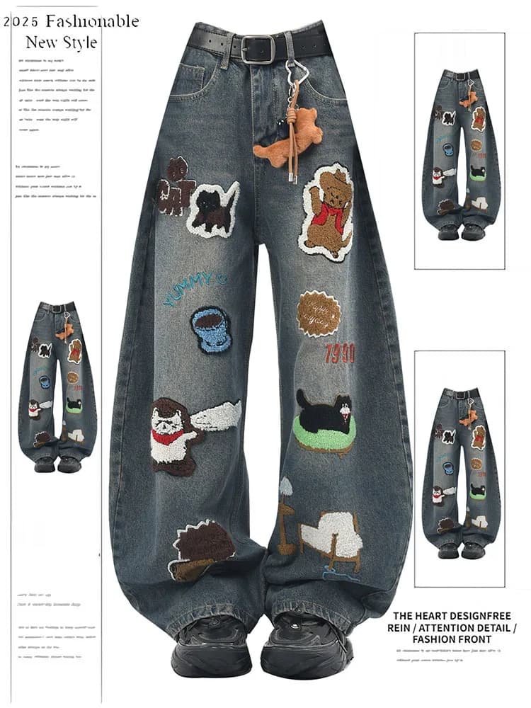 Retro American Cartoon Embroidered Washed Knife Jeans Loose Wide Leg Pants Casual High Waist Denim Cotton Blend