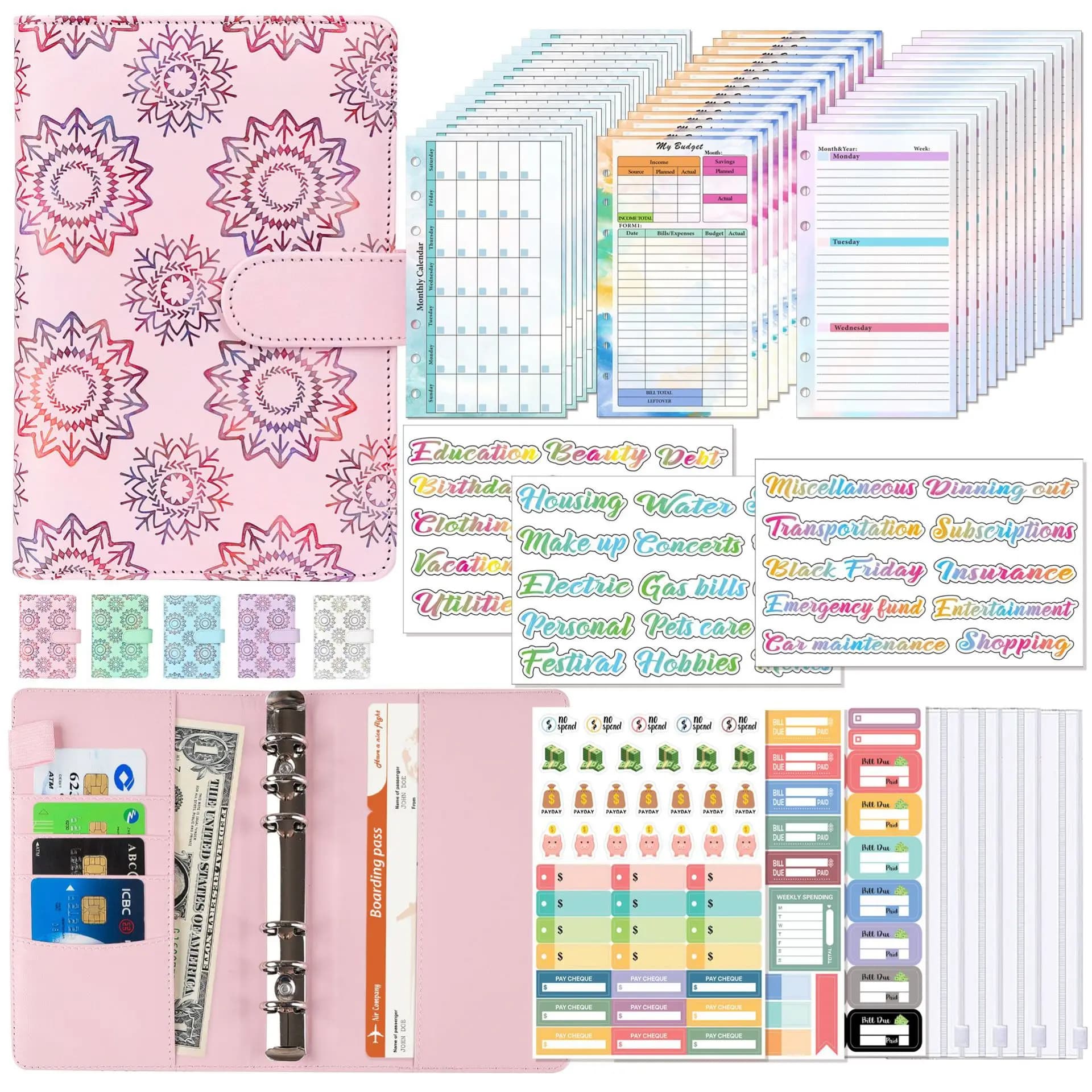 Raccoglitore A6 Budget Planner Copertine per notebook Cartella formato A6 Tasche raccoglitore a 6 fori con Chedule Piano settimanale Piano mensile a fogli mobili
