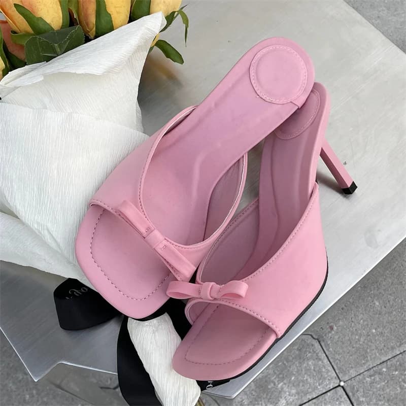 Pantofola da donna in raso con nodo a farfalla moda estiva Slip On sandalo da donna sottile tacco alto scarpe da esterno con diapositive