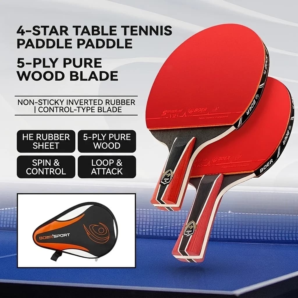 Boer 4-Star Table Tennis Racket, Four-Star Table Tennis Racket, Double-Sided Anti-Adhesive Rubber, Five-Layer Pure Wood Table Tennis Racket, 1 Racket + Racket Bag Set