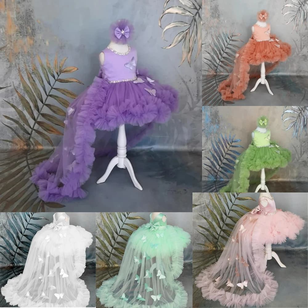 Bellissimo abito da ragazza di fiori in tulle soffice per matrimoni Abiti da ballo Fiocco da principessa senza maniche Abiti da sera per feste di compleanno per bambini