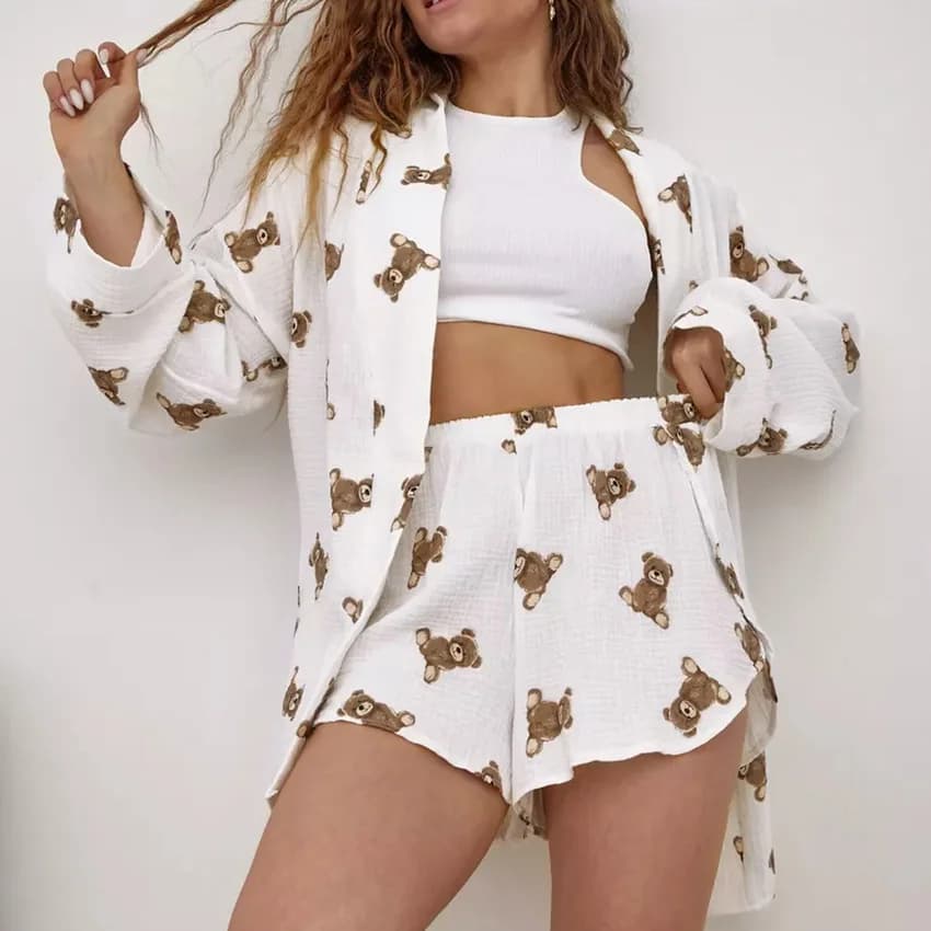 Summer New Casual 100% Cotton Butterfly Print Bear Pants Trained Comfortable Soft Women's Pijama 2 Pieces Sets Dresses For Home
