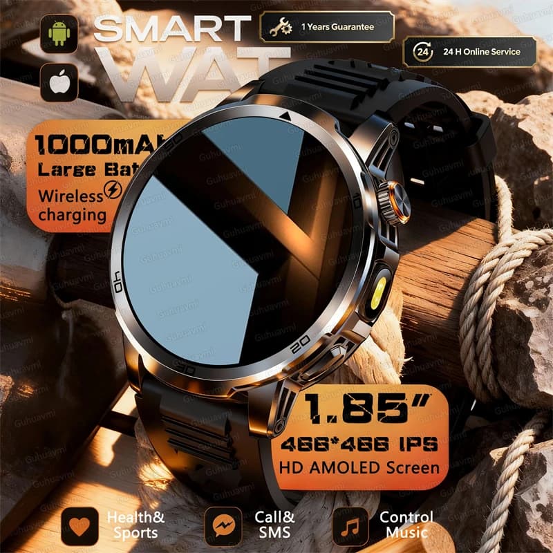 2026 Military T-Rex 3 Smart Fitness Watch Men's Watch 1.85 "Great HD Screen 1000mAh Battery Electric Flashlight Call Waterproof Smartwatch