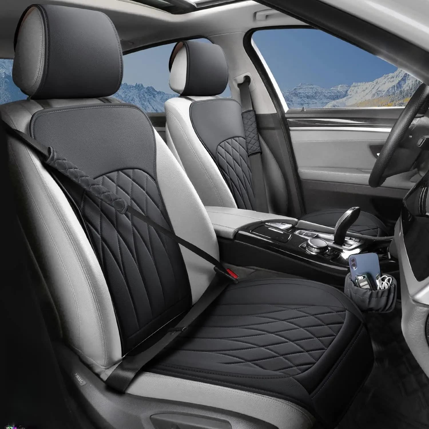 Universal Seat Covers Waterproof for Cars, Pack 2 with Pockets and Safety Belt Bearings for Cars, Trucks and SUVs - Black