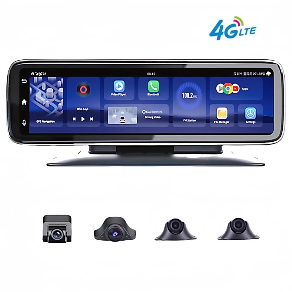 12 inch touch screen car rearview mirror, 4 cameras, dashcam, video recorder, Android 8.1, GPS navigation, 4K FHD 1080P video recorder